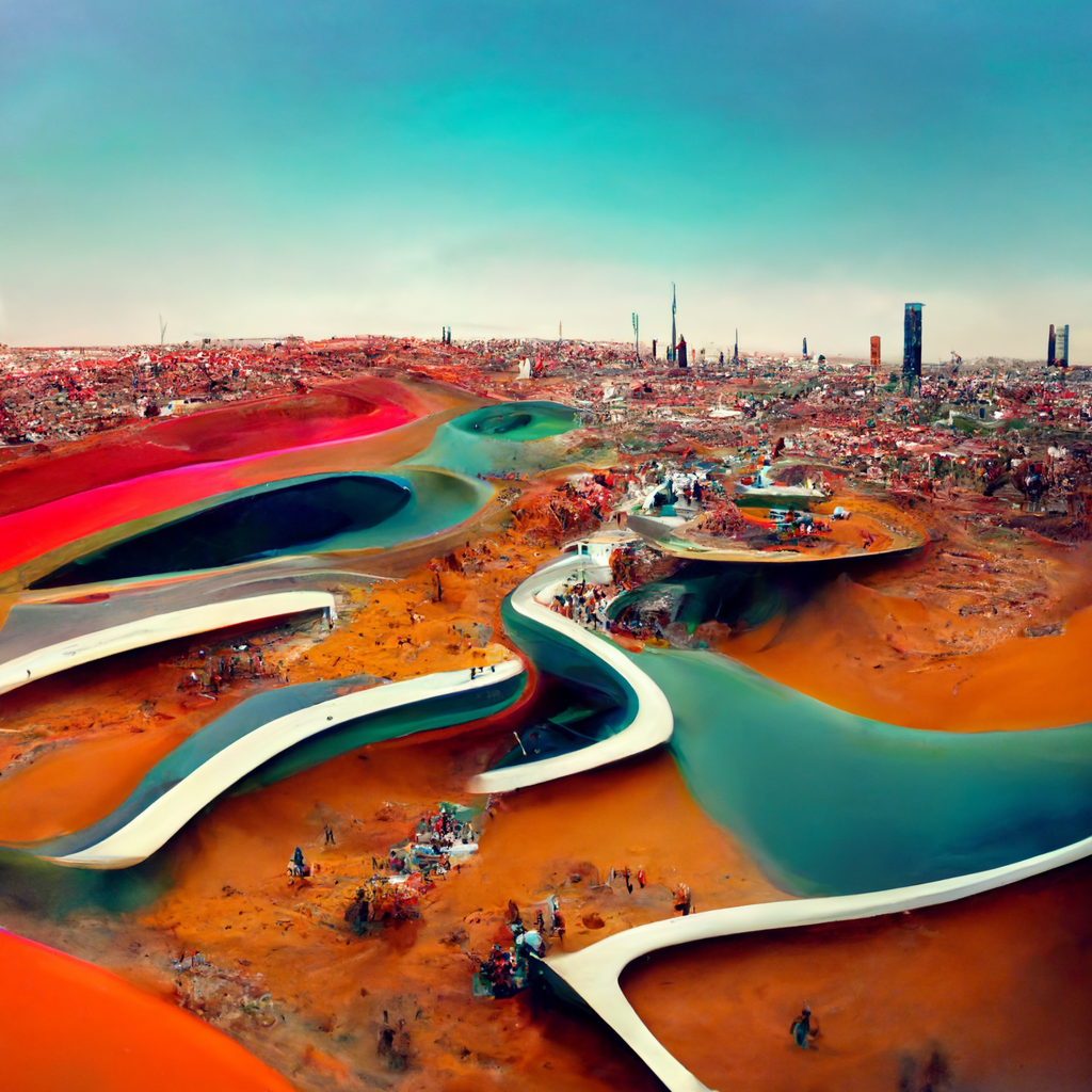 1b7b1b55-7287-4a40-be74-c214ed3f6f28_distortionWave_tilt-shift_scenery_of_a_futuristic_cityscape_on_mars_meandering_streams_of_colour_flying_through_the